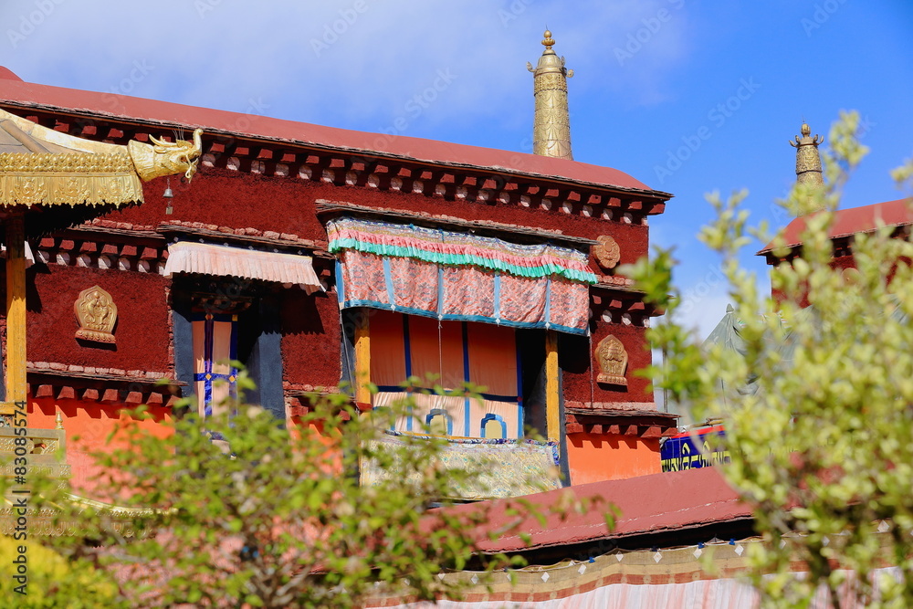 Red roof over balcony in Jokhang temple-Lhasa-Tibet. 1433
