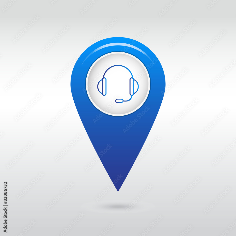 support vector icon.  Map marker with icon of headset. 