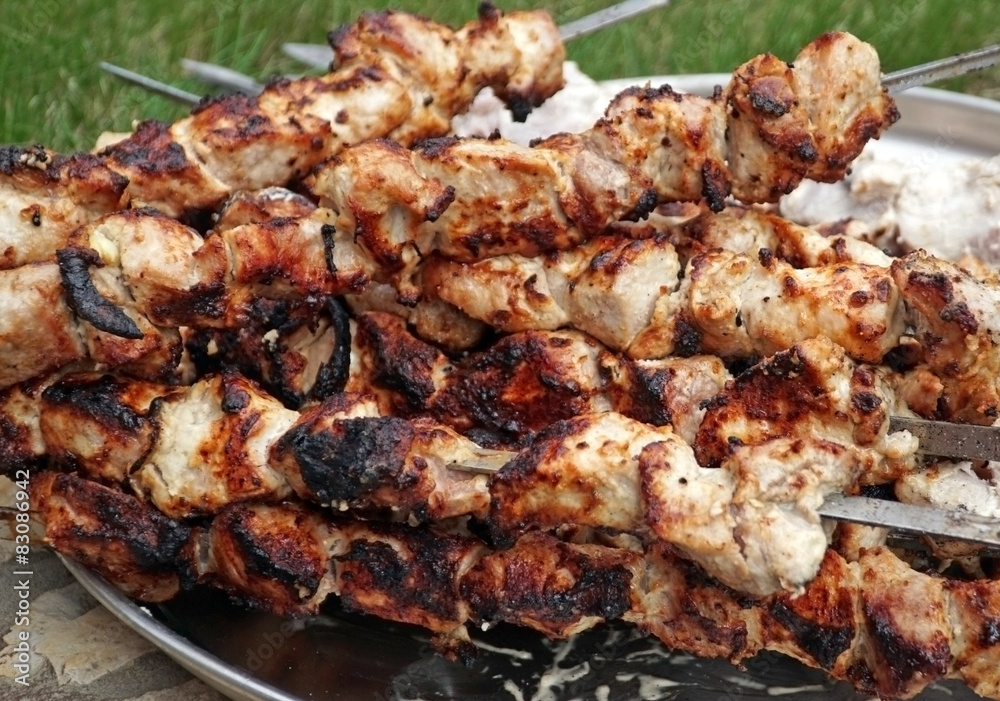 Delicious meat kebabs on skewers 