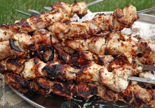 Delicious meat kebabs on skewers 