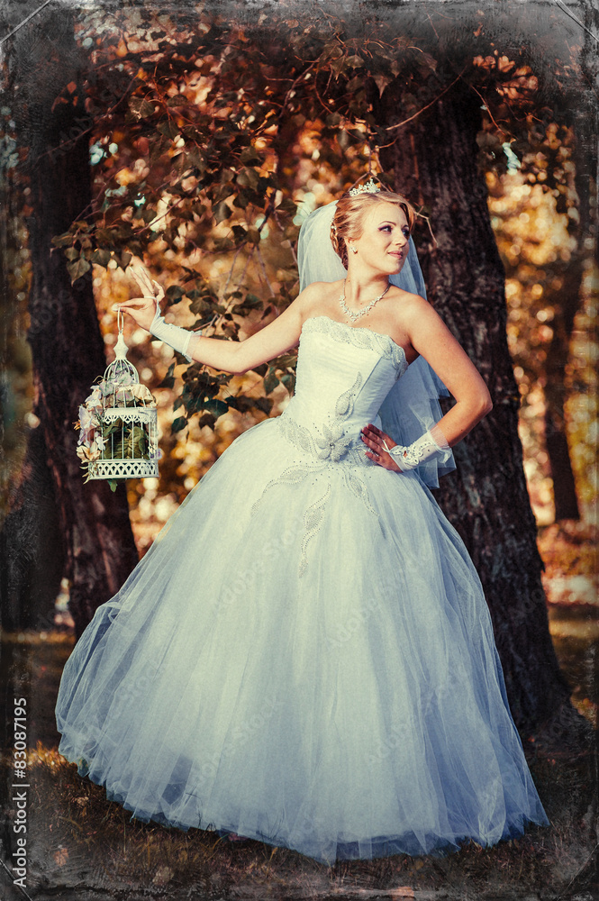 Fototapeta premium Beautiful bride posing outdoor at the park in her wedding day
