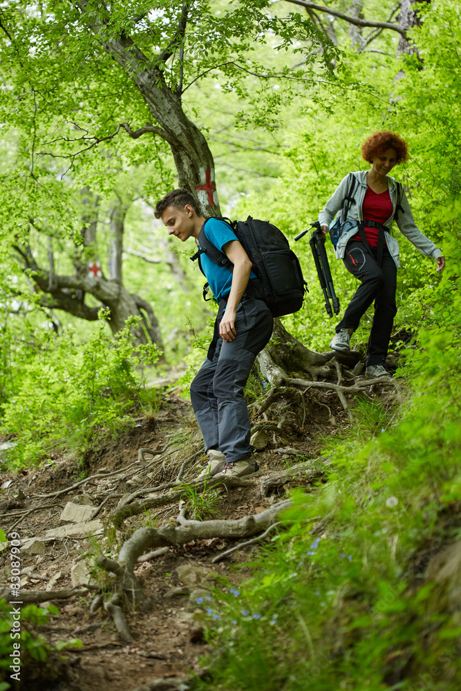 Naklejka premium Family of hikers walking on a mountain trail