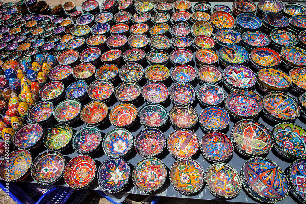 colorful ceramics exposed on the street, Turkey