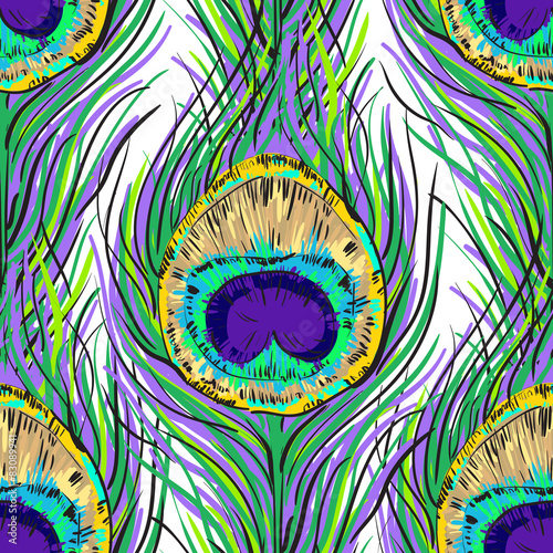Vector seamless peacock feathers pattern in vivid color