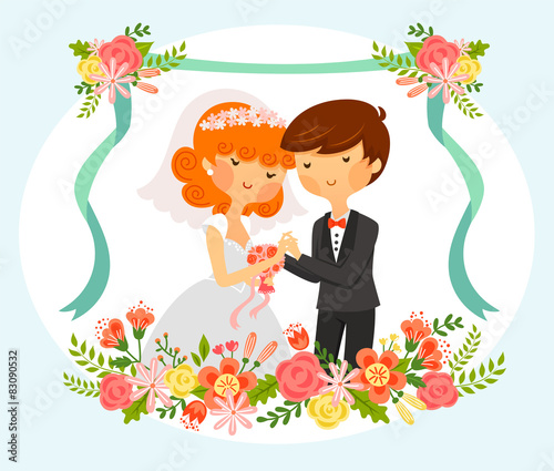vintage style cartoon of bride and groom with floral ornaments