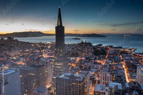 Aerial Views of San Francisco Financial District and Bay at Dusk