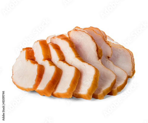 Chicken fillet smoked whole and sliced isolated.