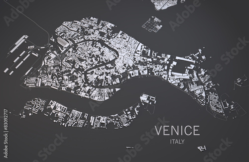 Fotografia Cartina di Venezia, Italia, vista satellitare, mappa 3d