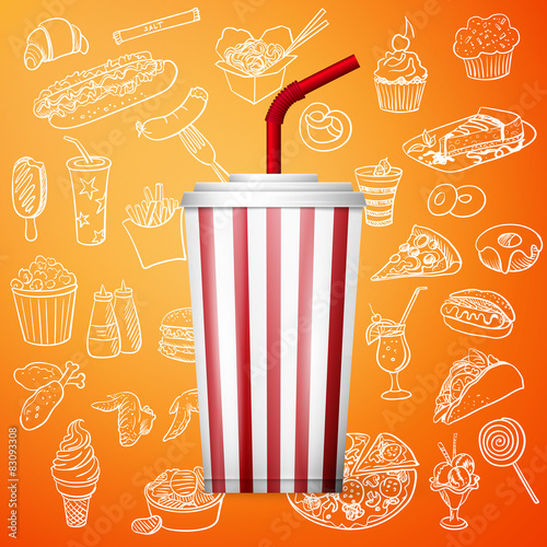 soda fountain drink and hand draw fast food icon