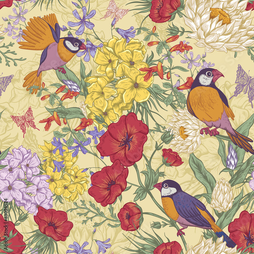 Retro Summer Seamless Floral Pattern with Birds and Butterflies © depiano