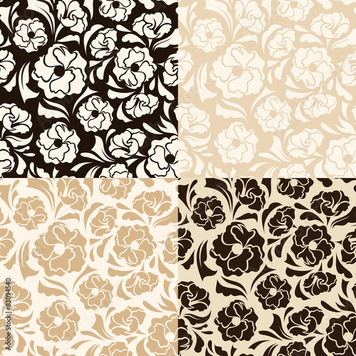 Set of four seamless beige and brown floral patterns. Vector.