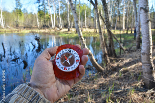 With compass in a spring forest.