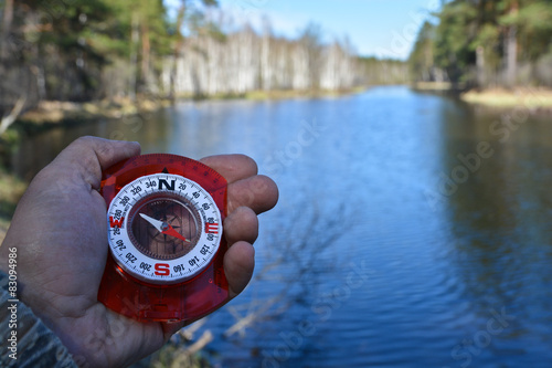With compass on spring river.