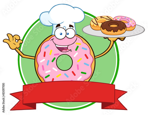 Chef Pink Donut Cartoon Character Serving Donuts Circle Label