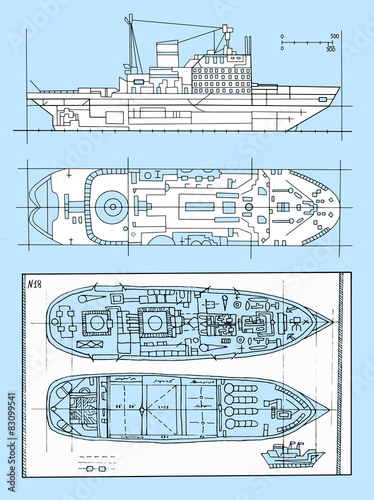 Hand drawn design projects of modern vessels
