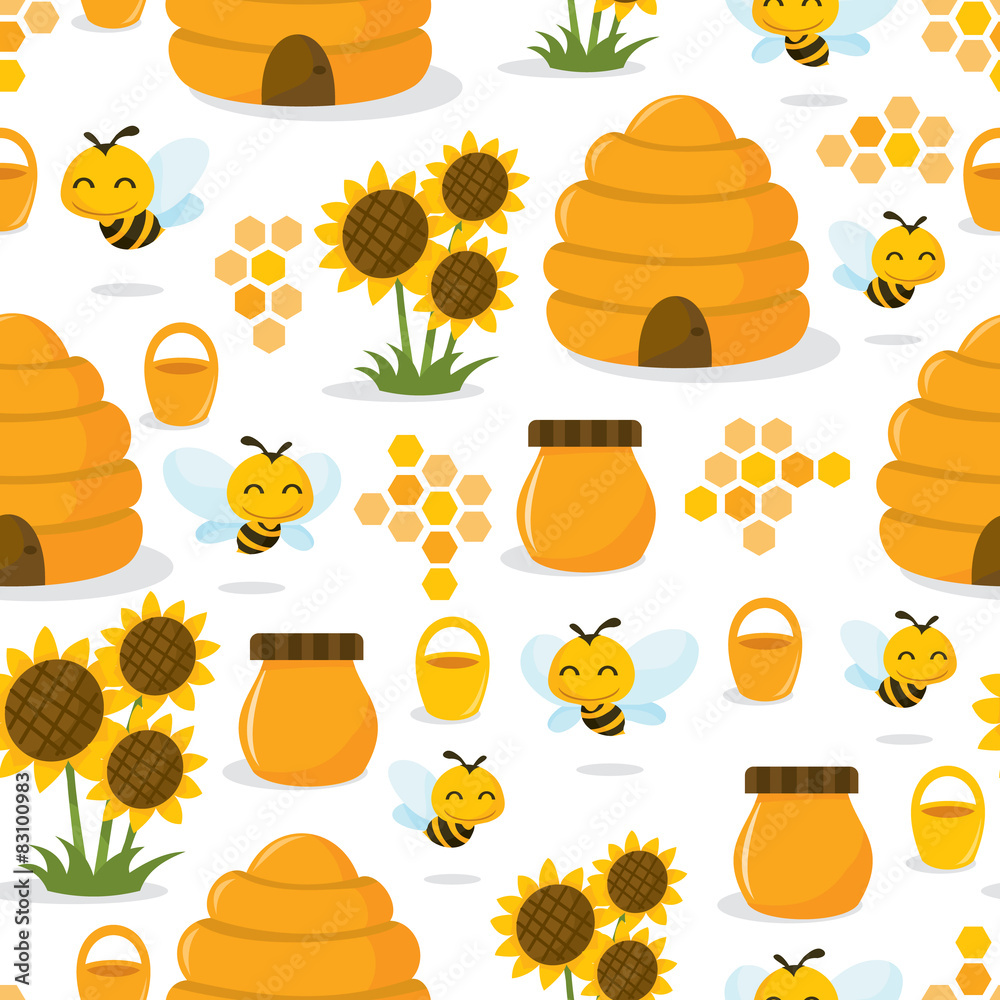 Happy Honey Bee Seamless Pattern Background - obrazy, fototapety, plakaty 