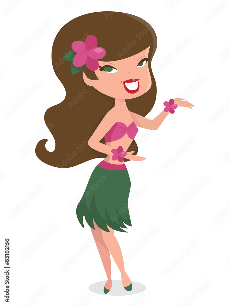 Cartoon Retro Pin Up Hawaiian Girl Hula Dancing