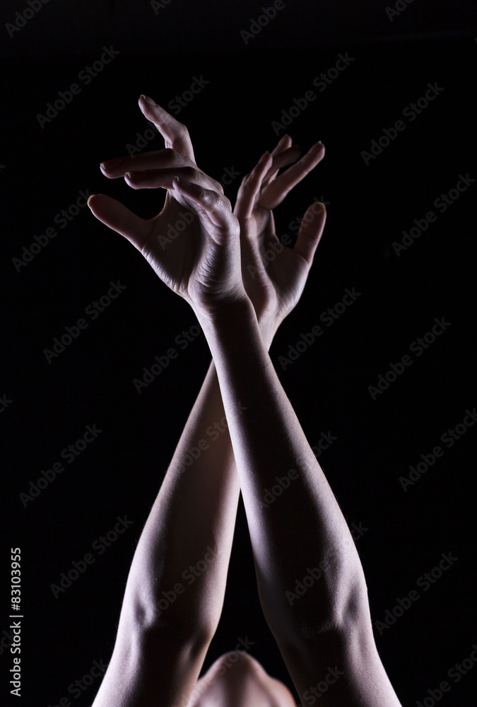 The outline of a beautiful female hand on a black background The outline of a beautiful female hand on a black background