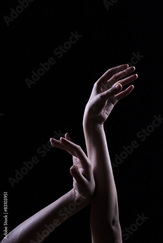The outline of a beautiful female hand on a black background photo