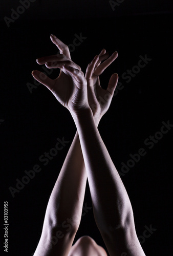 The outline of a beautiful female hand on a black background
