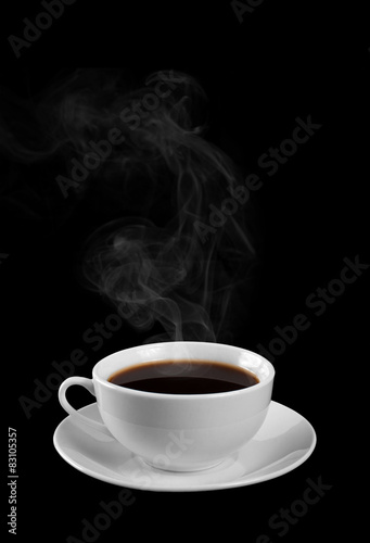 Cup of hot coffee on a black background. Steam.