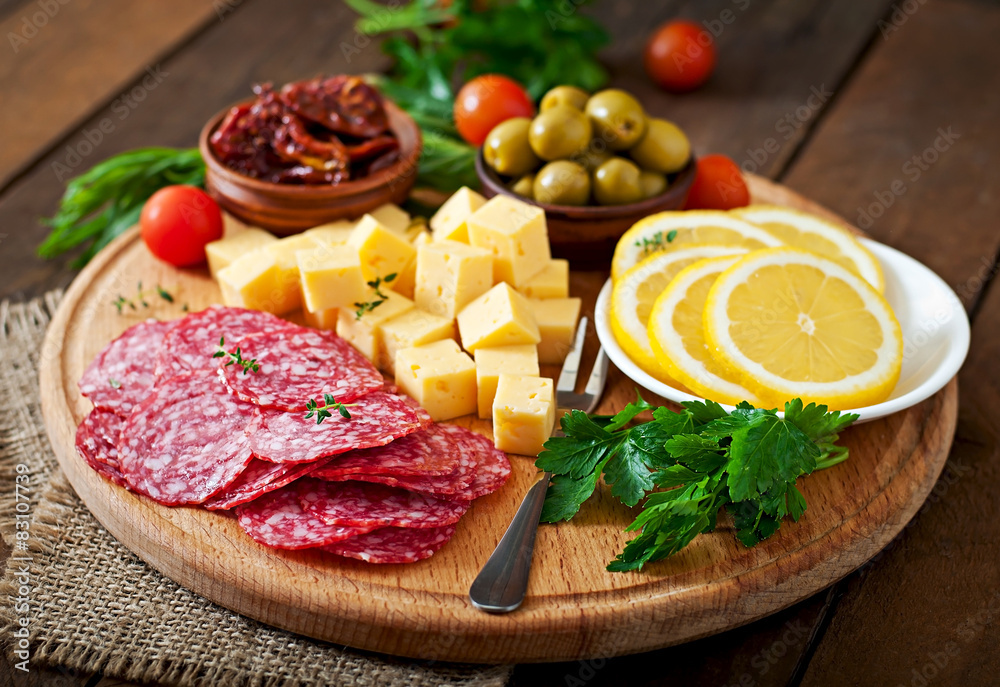 Antipasto catering platter with salami and cheese 