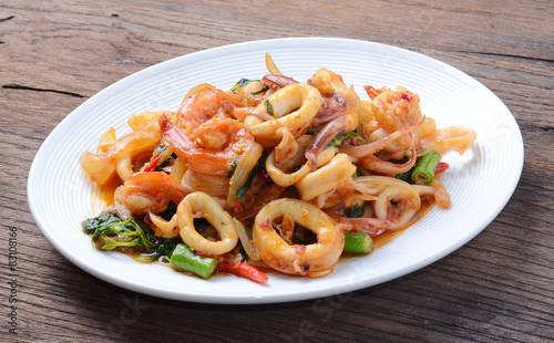 Thai Food Spicy squid Curry and shrimp