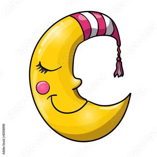 Cartoon sleeping moon in striped nightcap
