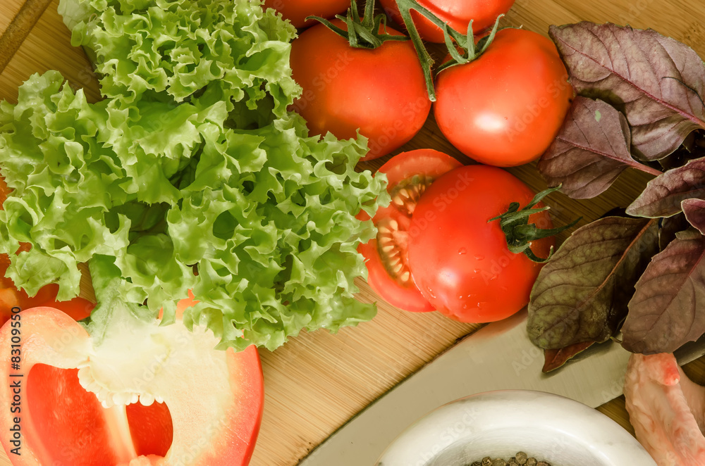 Fresh ripe vegetables and spice on wooden table Fresh ripe vegetables and spice on wooden table
