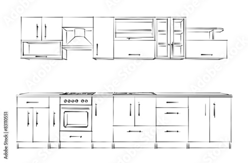 Kitchen furniture set. Sketch black-and-white.
