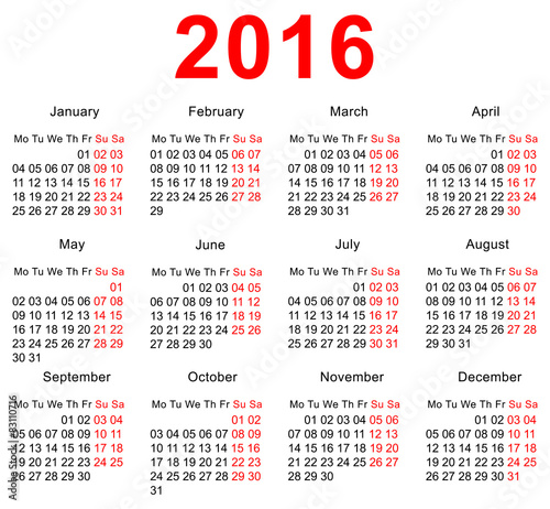 2016 Calendar template. Horizontal weeks. First day Monday