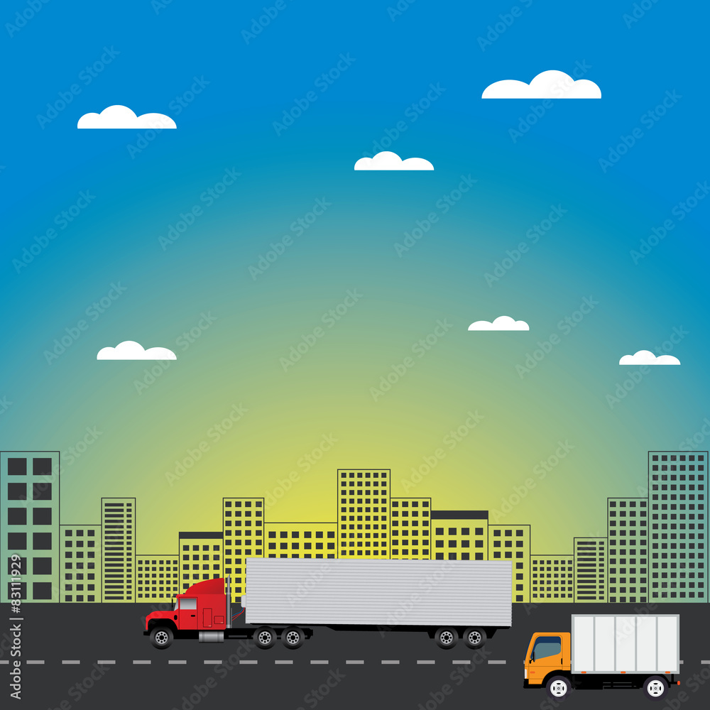 cityscape with tall buildings and road transport