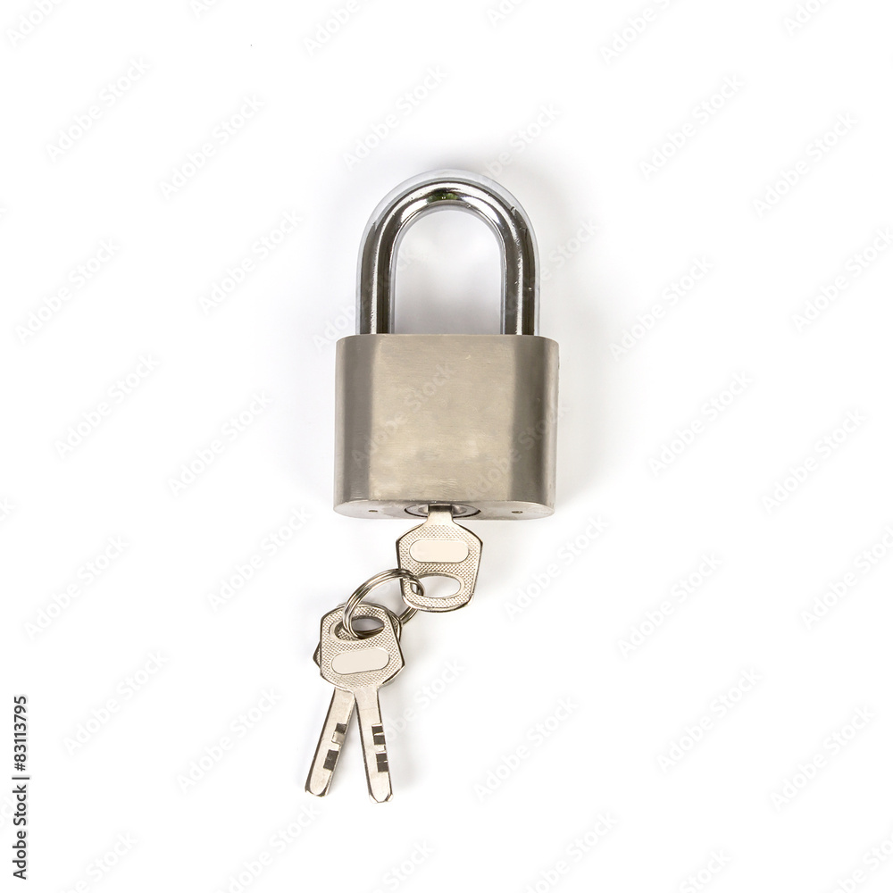 Mealic padlock with the key on white background Mealic padlock with the key on white background