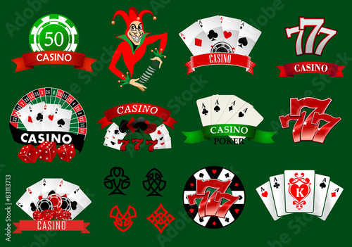 Set of colorful casino icons and emblems