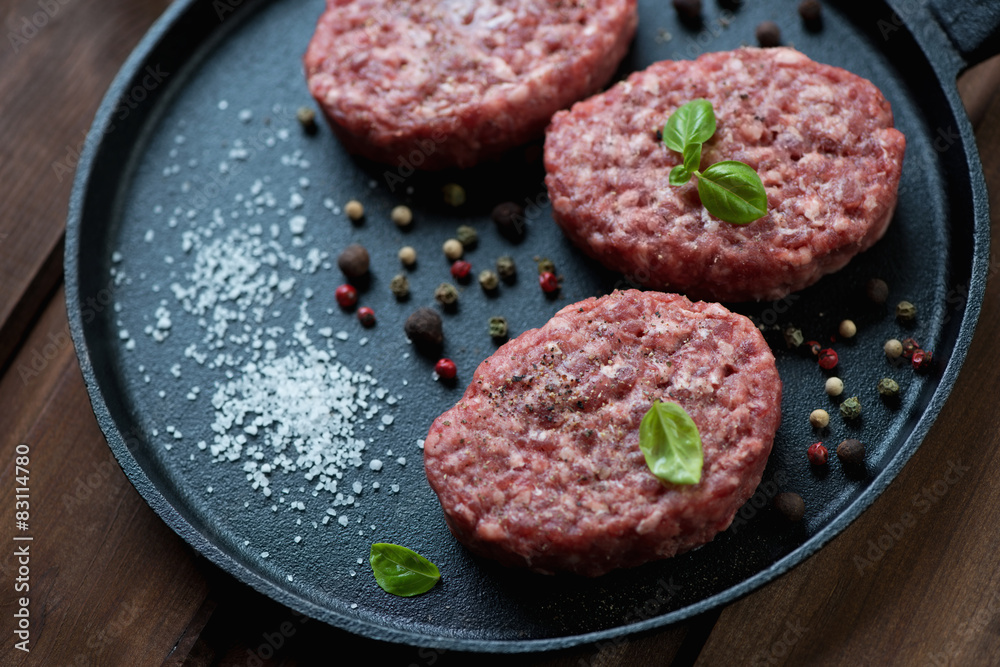 Raw beef cutlets with pepper and salt in a frying pan, close-up Raw beef cutlets with pepper and salt in a frying pan, close-up
