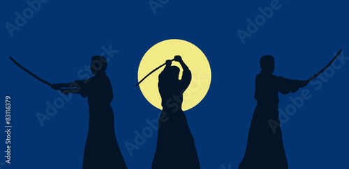 Three men show aikido against a dark background.