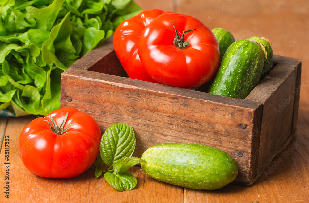 Cucumbers, Tomatoes and Butterhead Lettuce in Wooden Box Cucumbers, Tomatoes and Butterhead Lettuce in Wooden Box