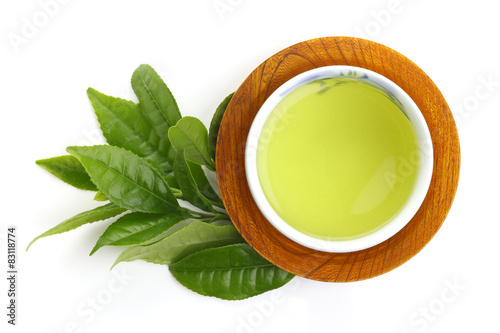 Japanese green tea and fresh green tea leaves