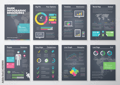 Colorful flat infographic brochures with dark background