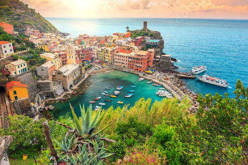Vernazza village and stunning sunrise,Cinque Terre,Italy,Europe photo