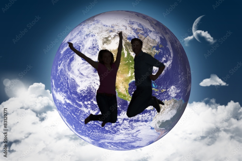 Composite image of cheerful young couple jumping Composite image of cheerful young couple jumping