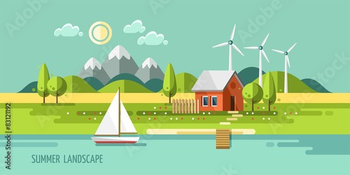 Summer landscape. House on the nature. Vector illustration.
