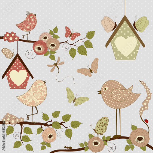 Floral background with birds and butterflies
