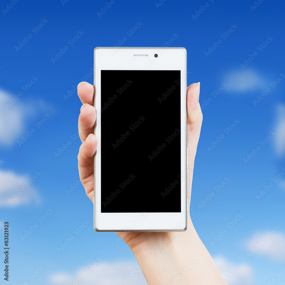 Woman hand with white smartphone