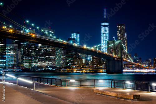 Brooklyn Bridge  Downtown Manhattan  New York. Night scene. Light trails. City lights. Urban living and transportation concept