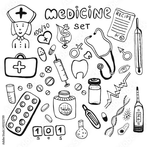 Hand drawn healthcare and medicine doodle icon set