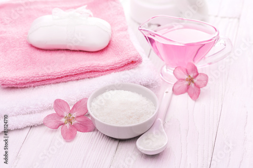 sea salt and essential oils  pink flower. spa