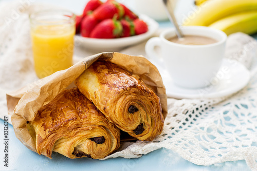 French viennoiserie pain au chocolat for breakfast photo