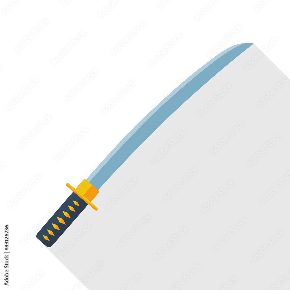 Japanese sword icon with long shadow on white background Japanese sword icon with long shadow on white background
