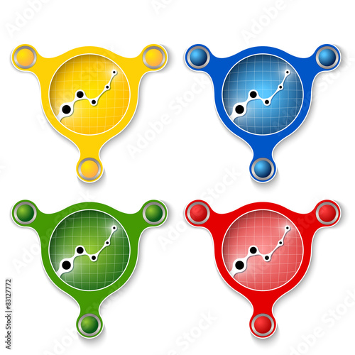 four abstract vector objects and a colored diagram
